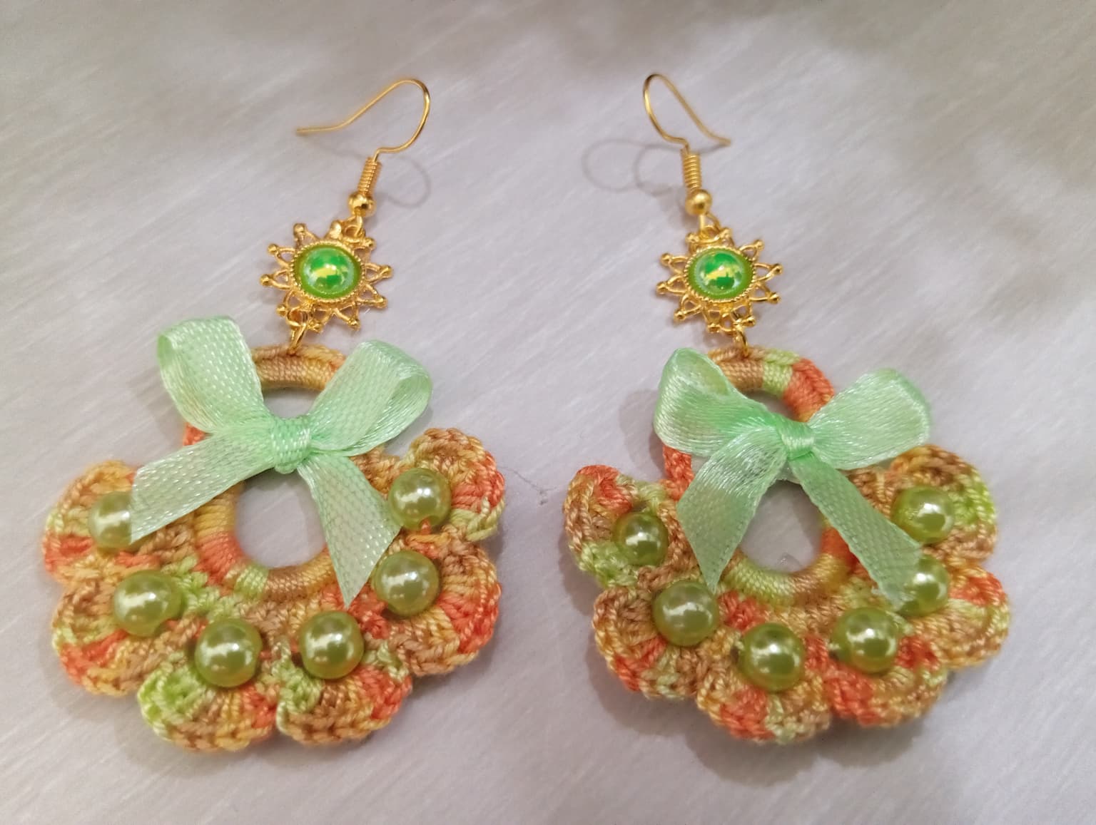 Boucle d'Oreille Orange/Verte avec perles
