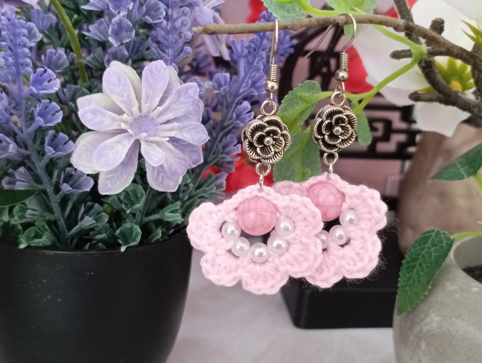 Boucle d'Oreille Rose avec perles