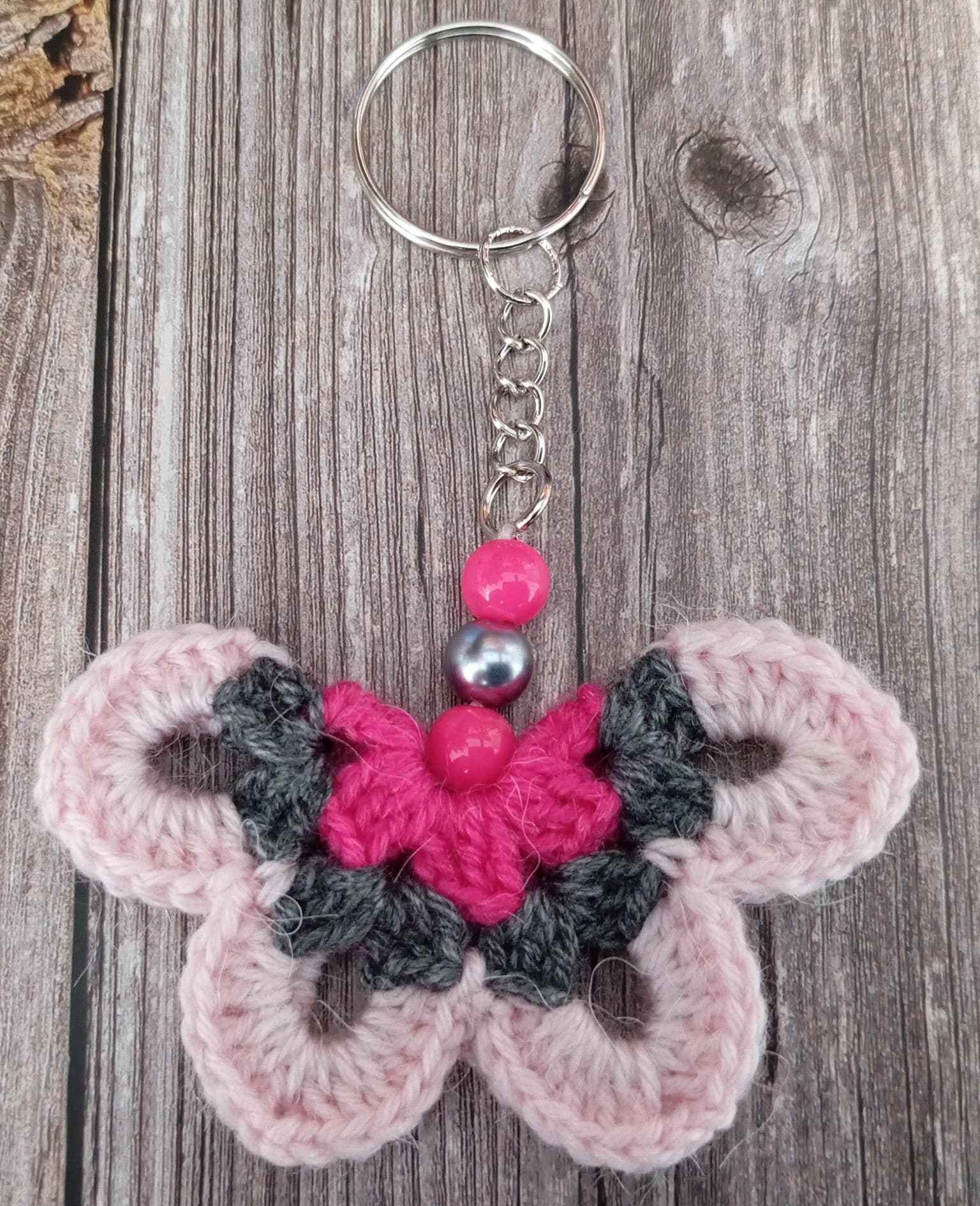 Porte clé papillon rose/gris/fuchsia