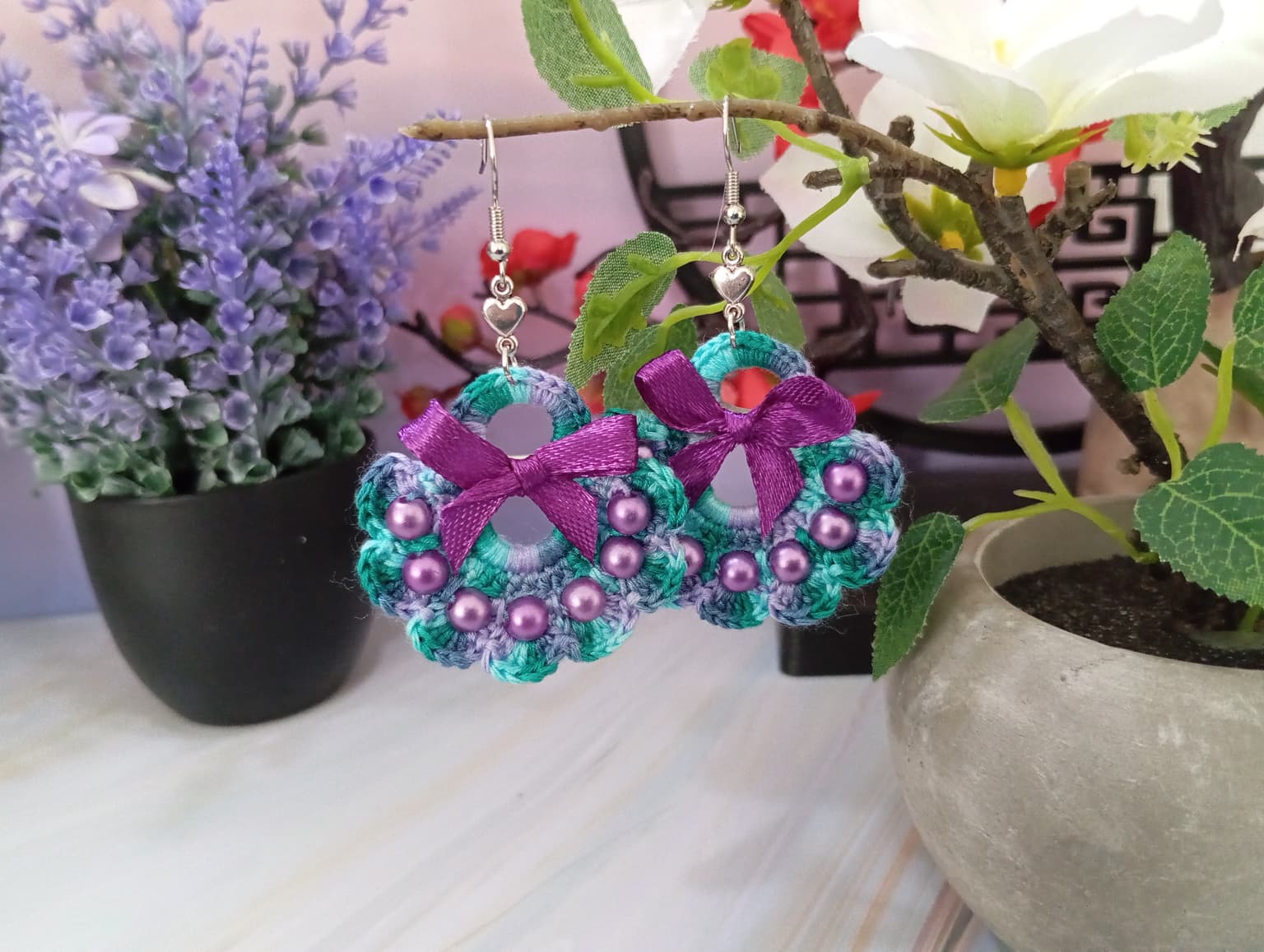 Boucle d'Oreille Verte/Lilas avec perles