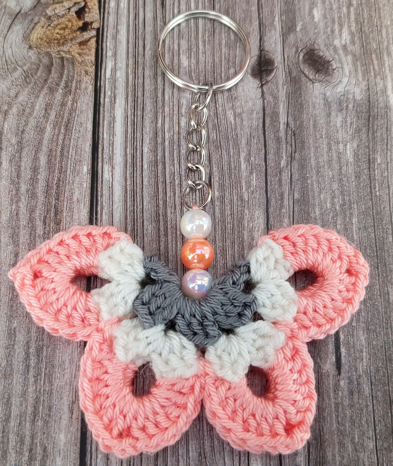 Porte clé papillon rose/blanc/gris
