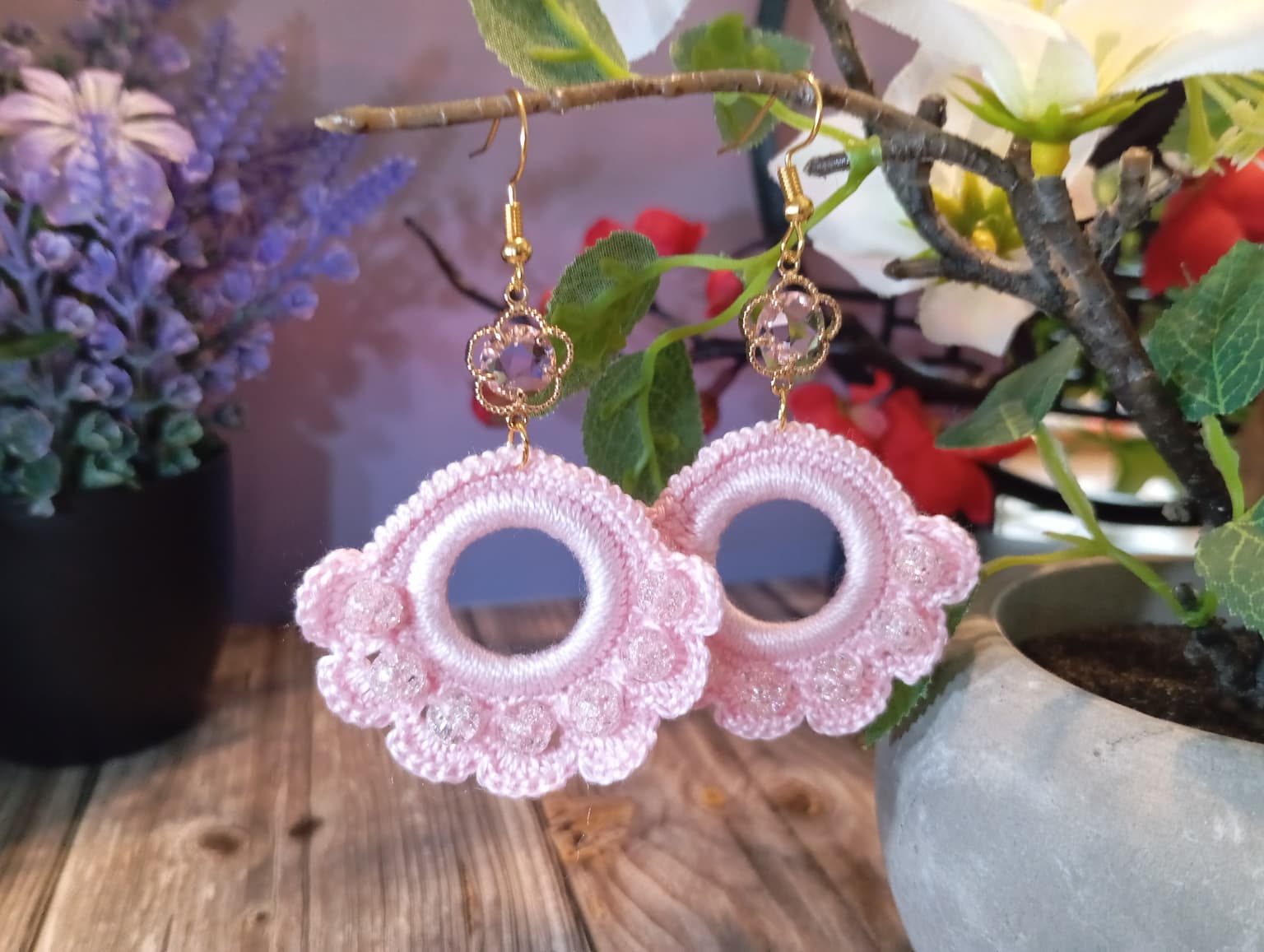 Boucle d'Oreille Rose avec perles