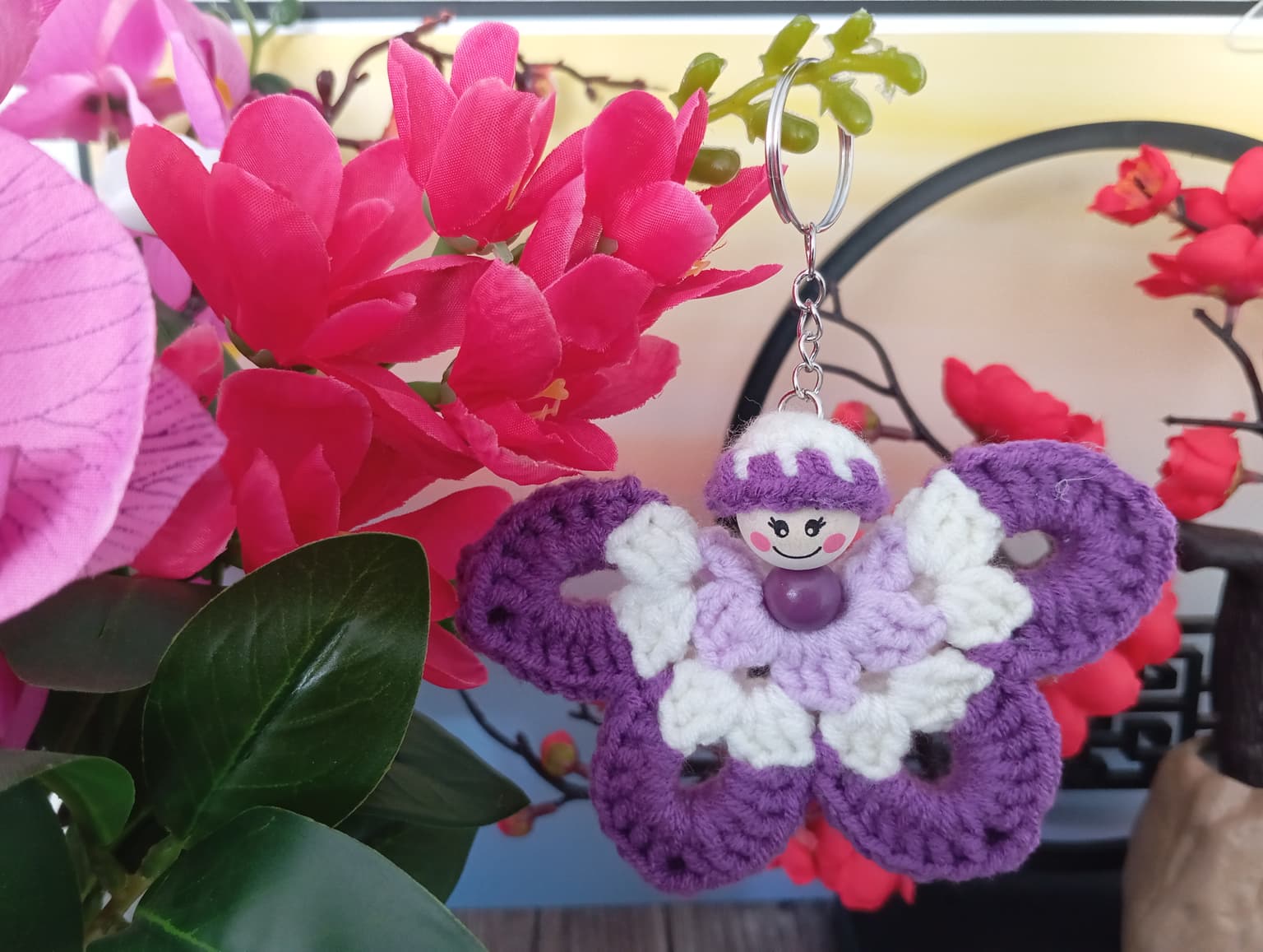 Porte clé papillon violet/blanc/lilas