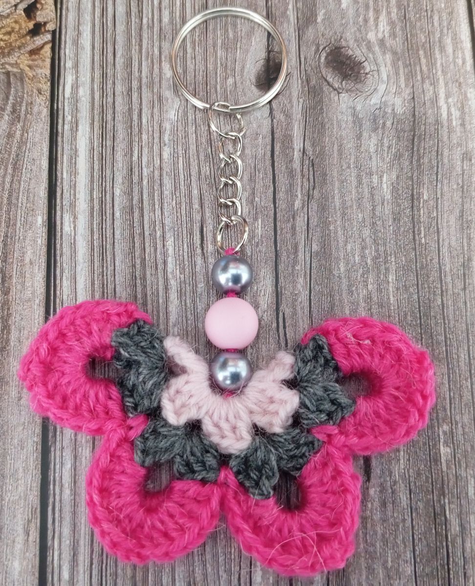 Porte clé papillon fuchsia/gris/rose