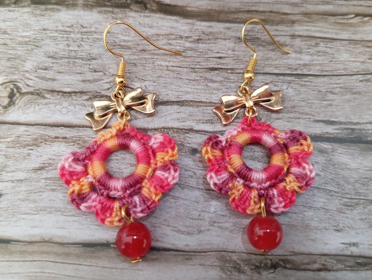 Boucle d'Oreille rouge/moutarde/rose