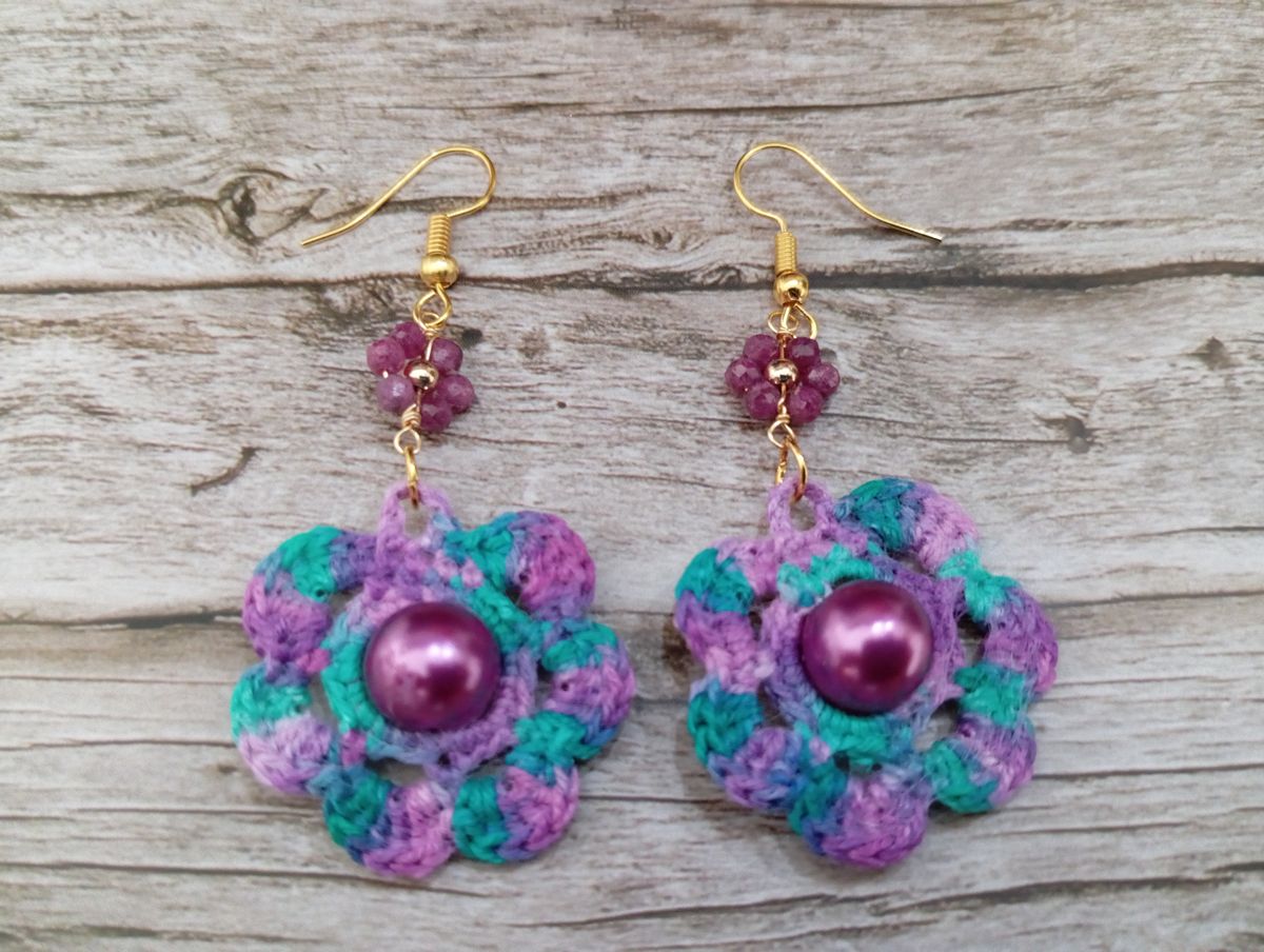 Boucle d'Oreille verte/mauve avec perle