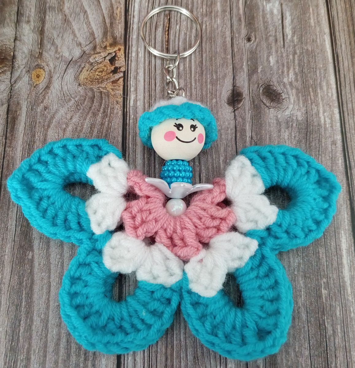 Porte clé papillon bleu/blanc/rose