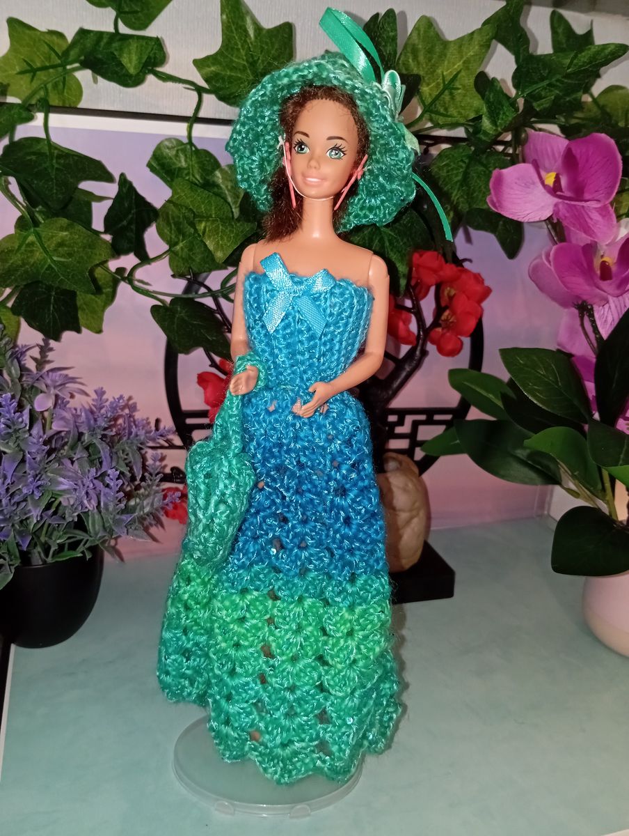 Robe longue bleu/verte pour poupée type Barbie
