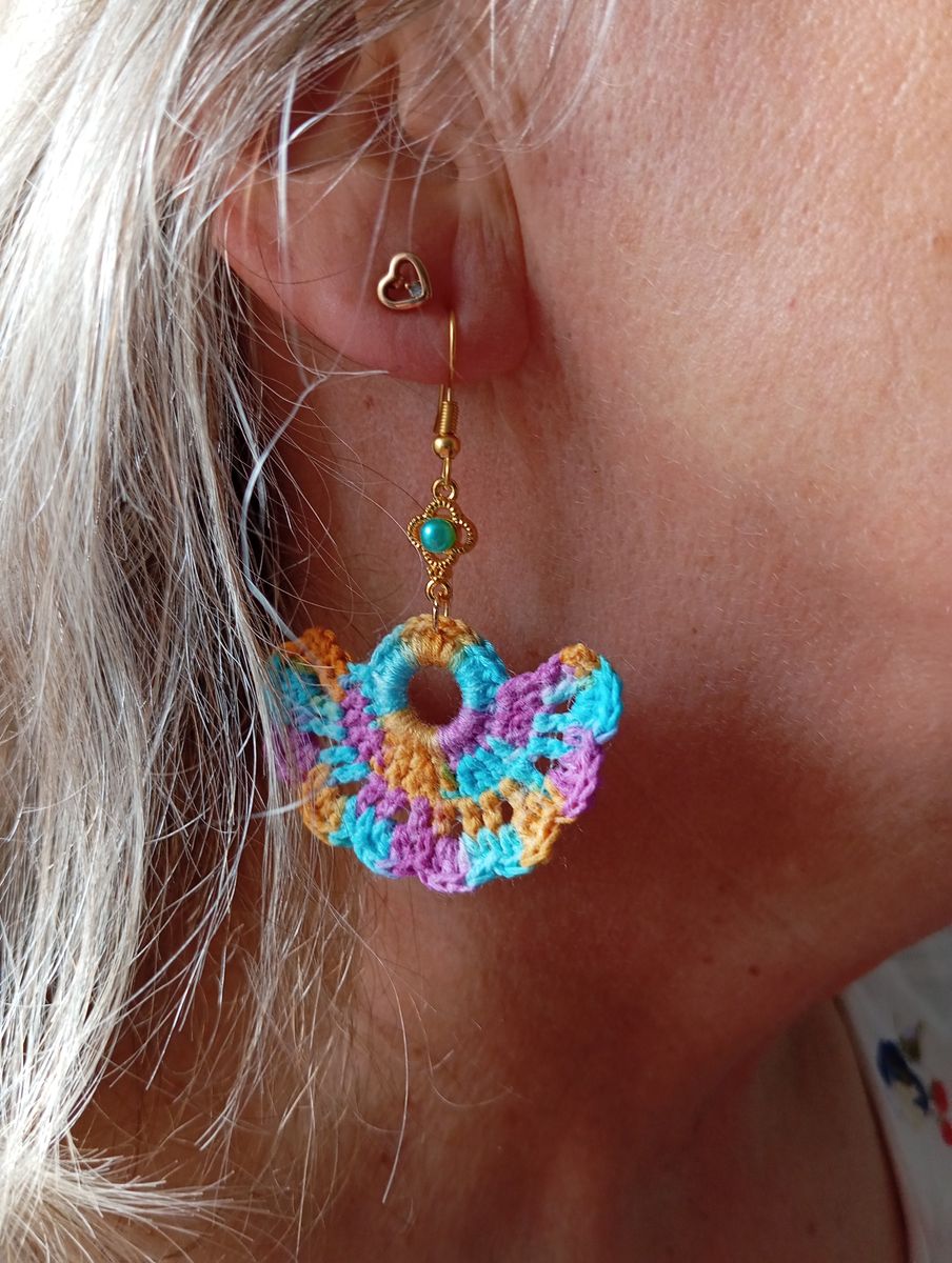 Boucle d'Oreille éventail bleue/moutarde/violet