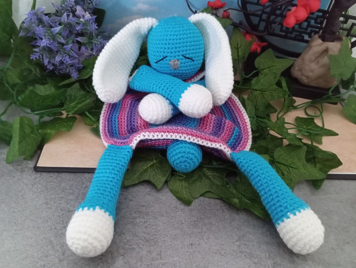 Doudou plat lapin bleu/blanc