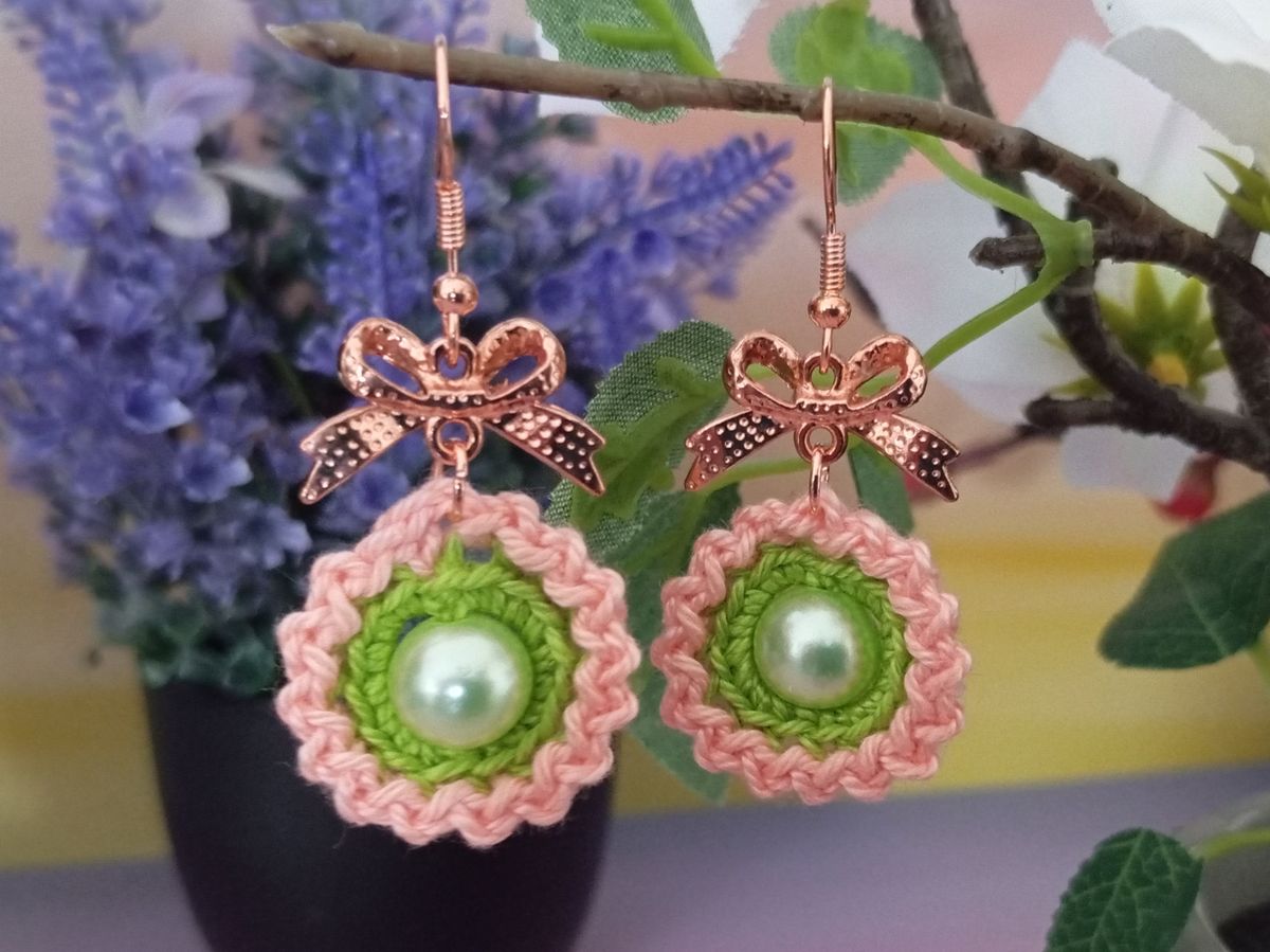 Boucle d'Oreille Rose/Verte avec perle