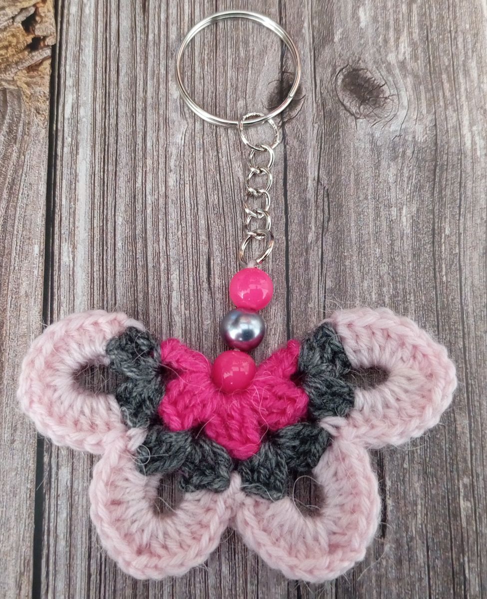 Porte clé papillon rose/gris/fuchsia