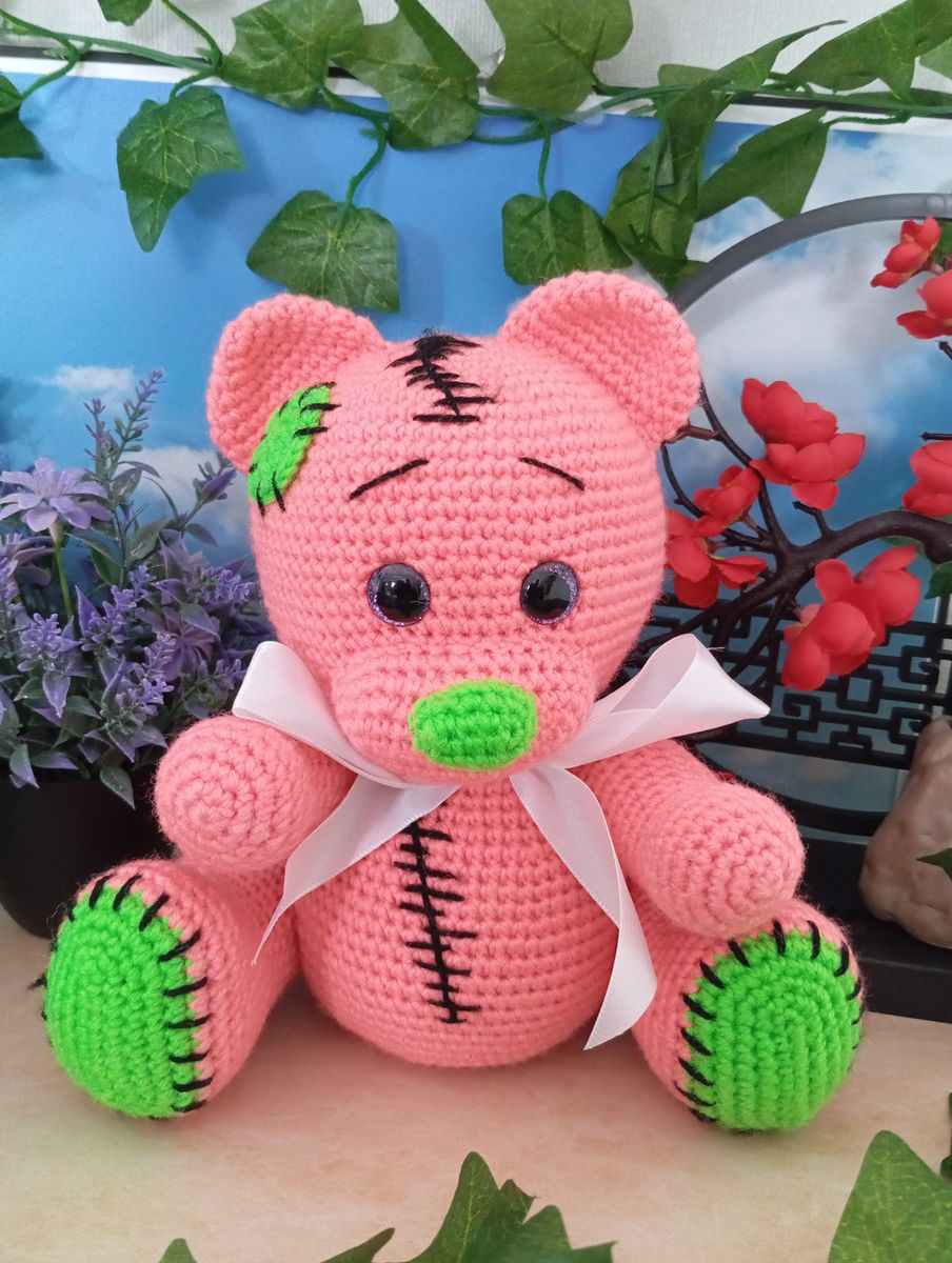 Ours Teddy Bear rose fluo/vert fluo