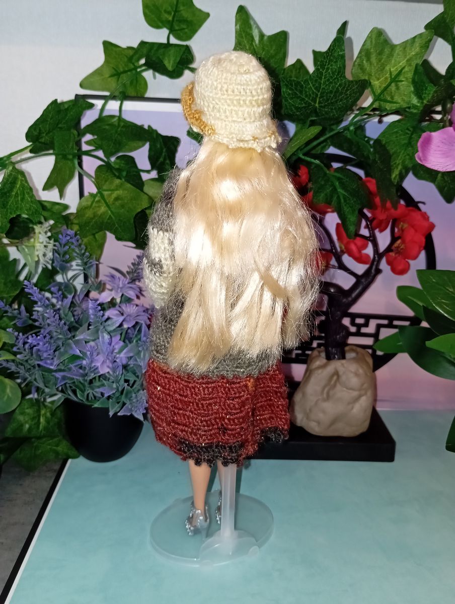 Ensemble Robe Manteau rouille/gris/marron pour poupée type Barbie