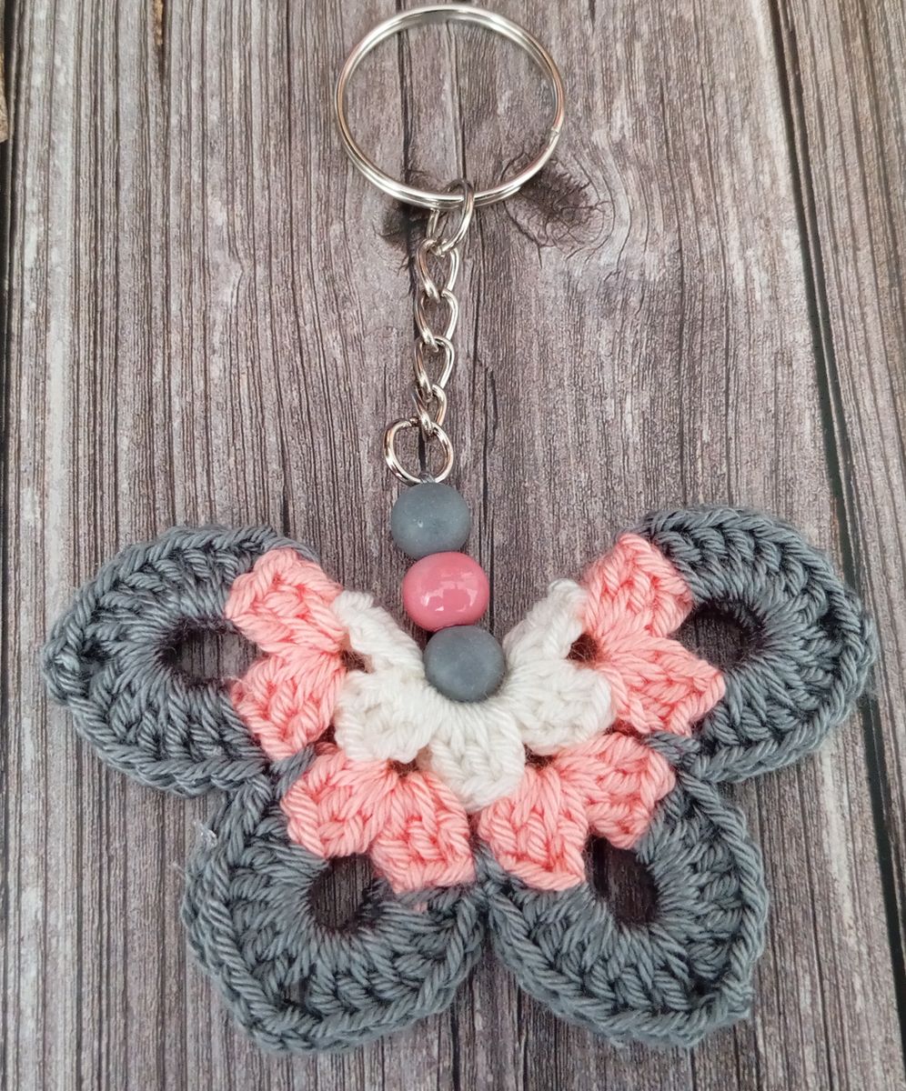 Porte clé papillon gris/rose/blanc