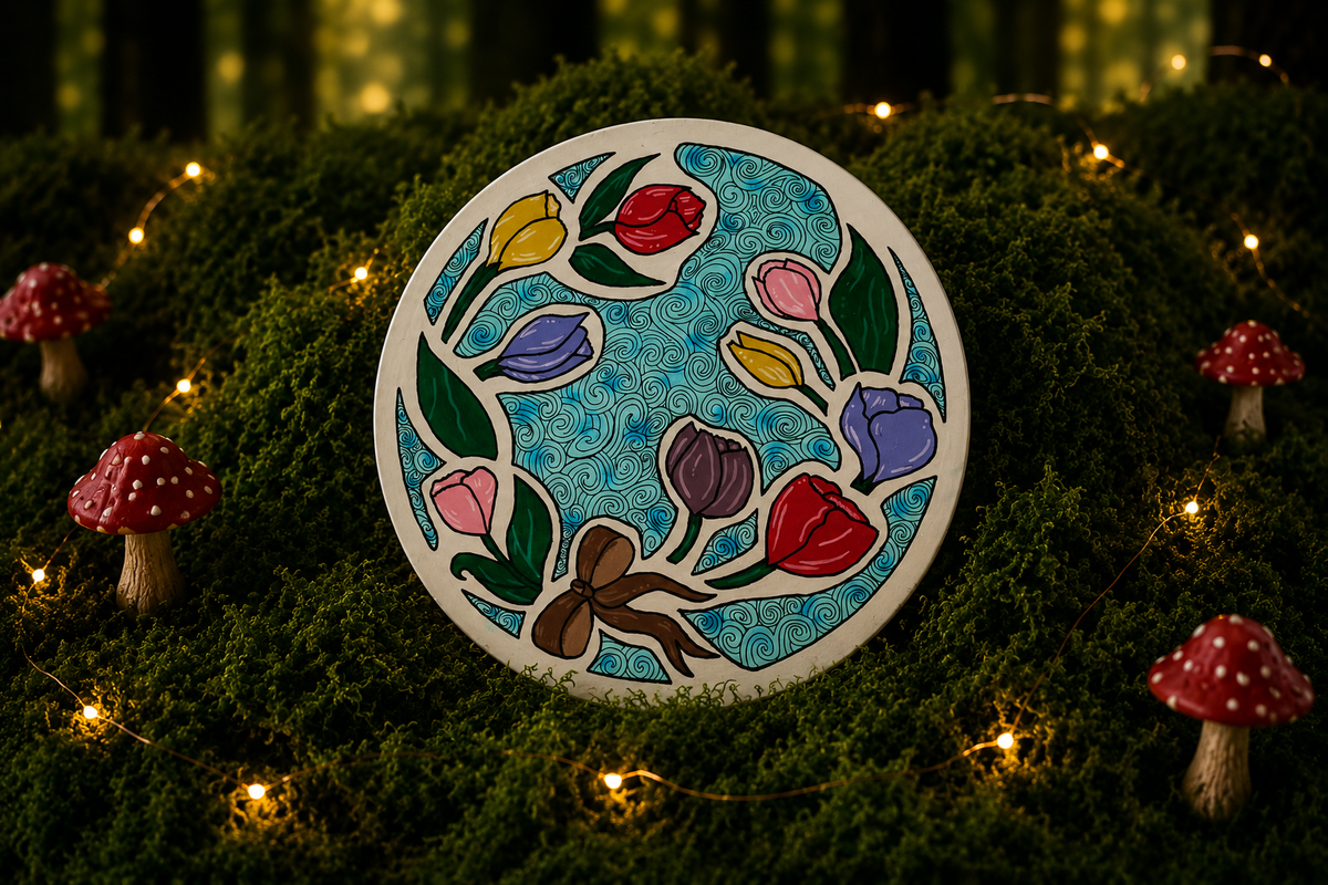 Dessous de plat artisanal – Fleurs enchantées sur fond bleu