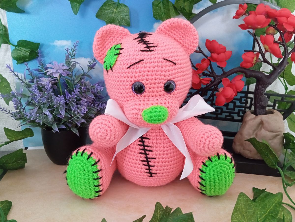 Ours Teddy Bear rose fluo/vert fluo
