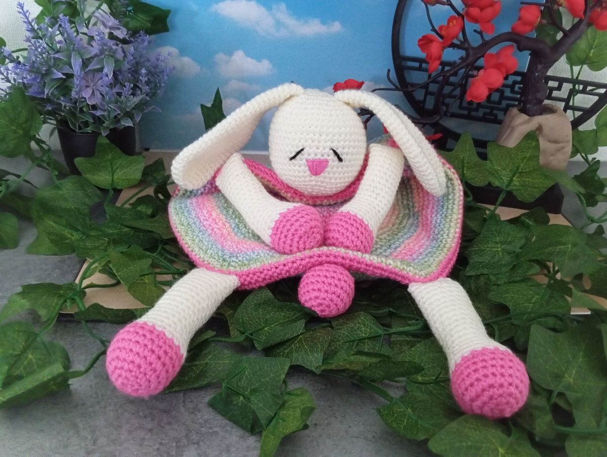 Doudou plat lapin blanc/rose
