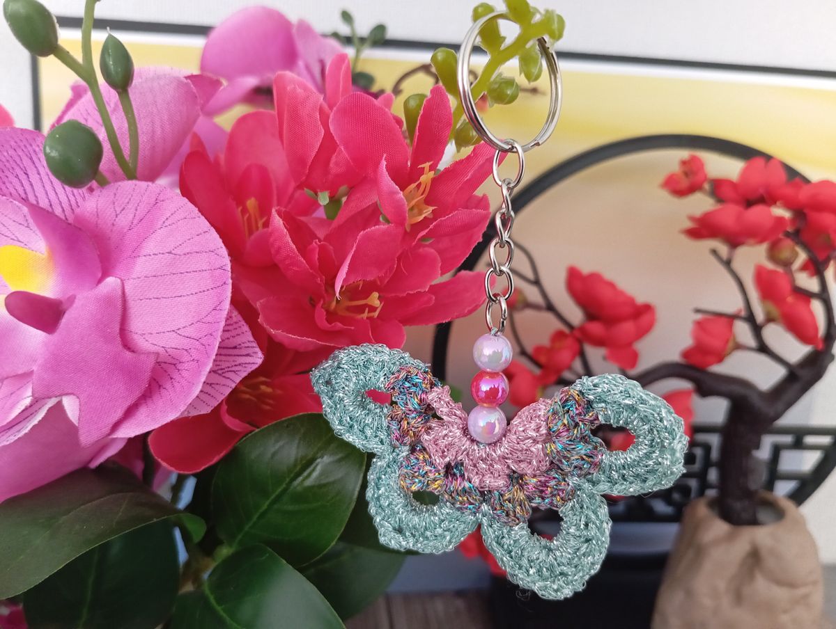 Porte clé papillon vert/multicolore/rose