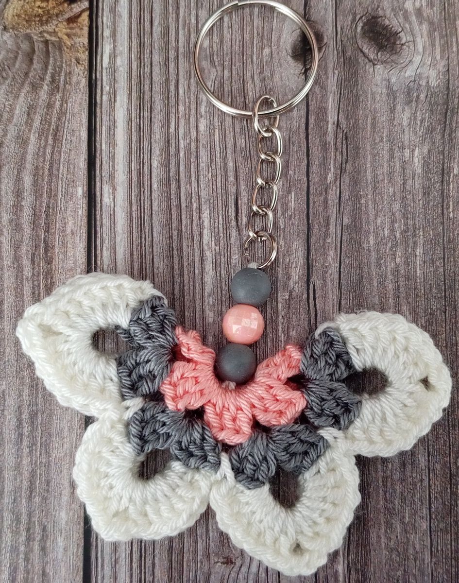 Porte clé papillon blanc/gris/rose