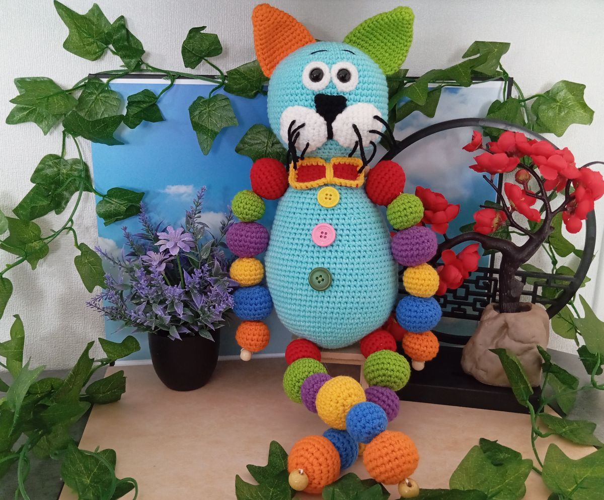 Chat "Boules" Amigurumi Bleu