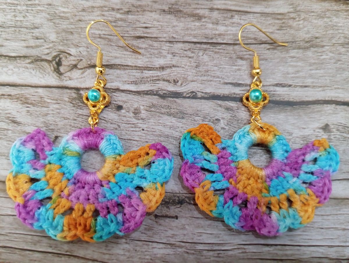 Boucle d'Oreille éventail bleue/moutarde/violet