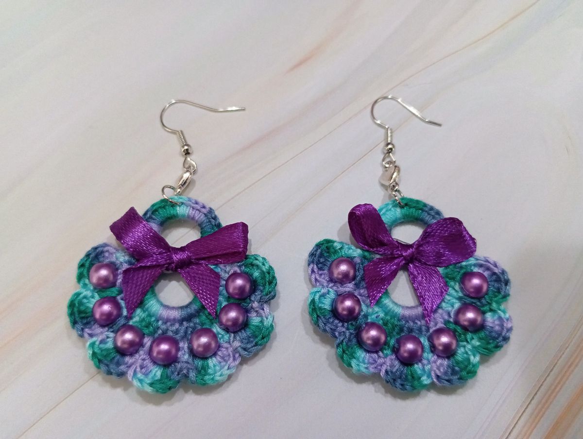 Boucle d'Oreille Verte/Lilas avec perles