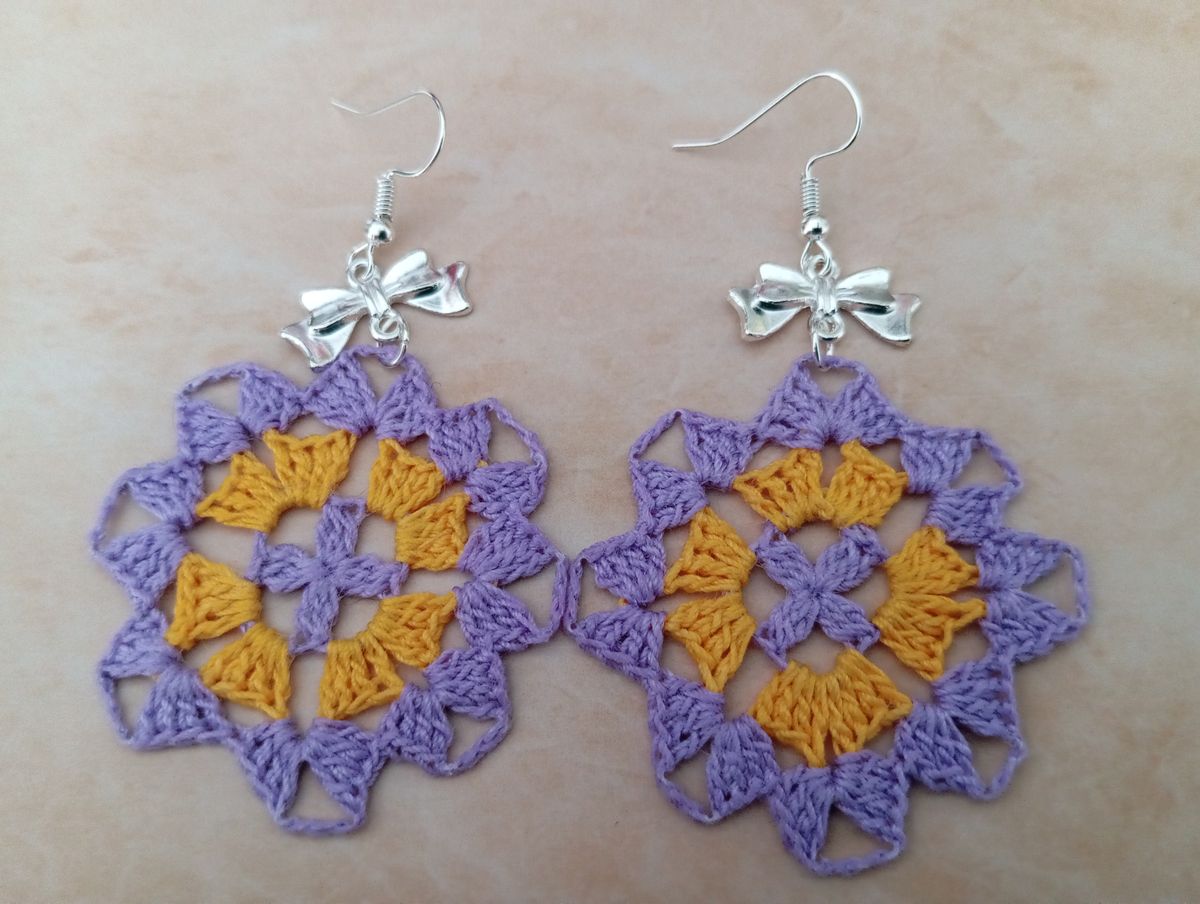 Boucle d'Oreille hexagonale mauve/jaune