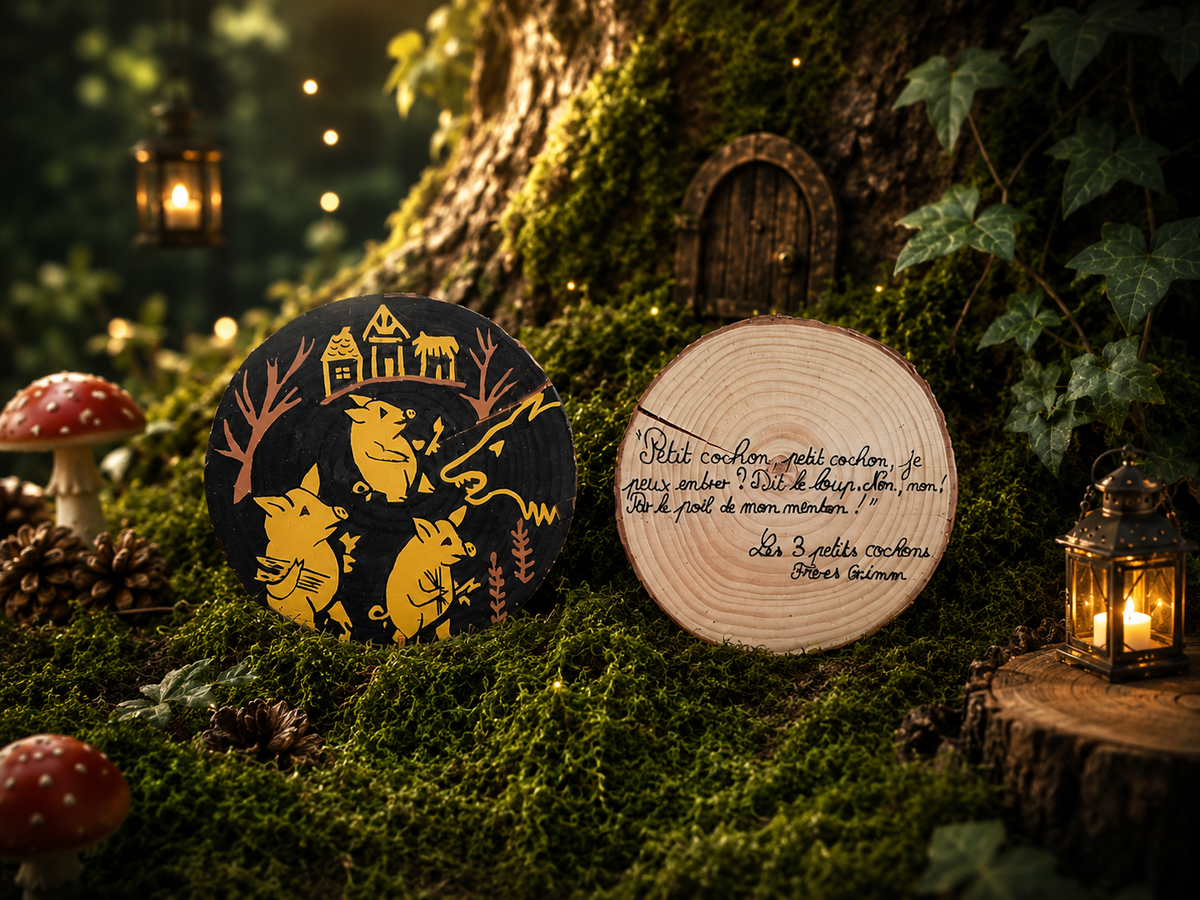 Disque en bois illustré – Les Trois Petits Cochons 