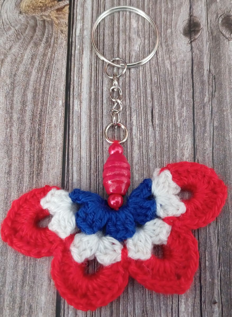 Porte clé papillon rouge/blanc/bleu
