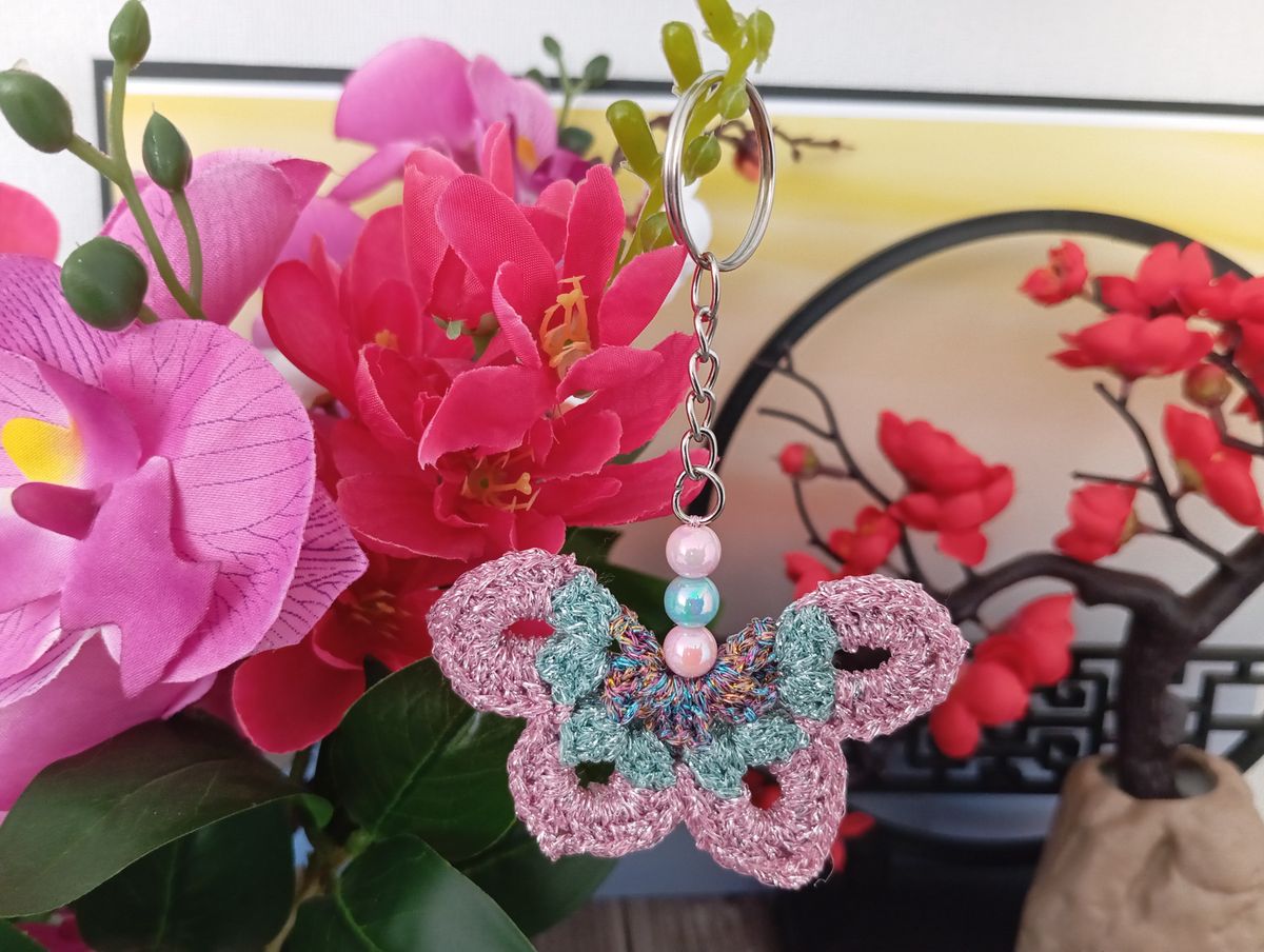 Porte clé papillon rose/vert/multicolore