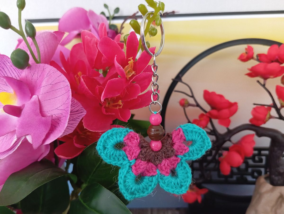 Porte clé papillon vert/rose/marron