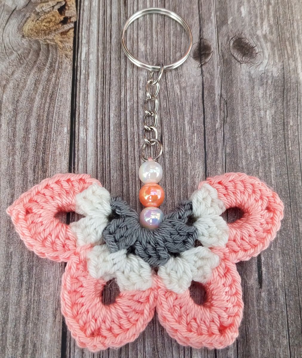 Porte clé papillon rose/blanc/gris